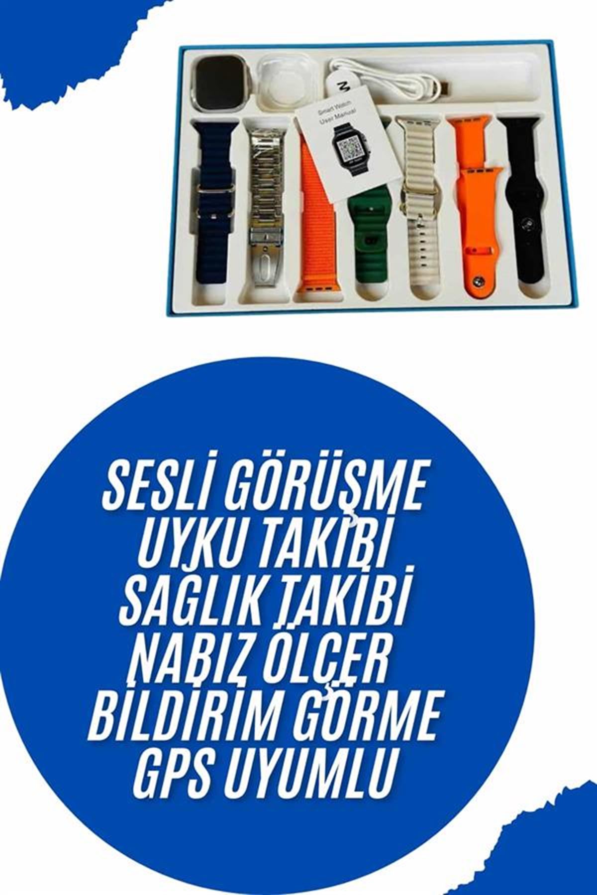 Akıllı Saat 7 Kordon Hediyeli Takvim Alarm Nabız Ölçer Bildirim Görme Sesli Görüşme