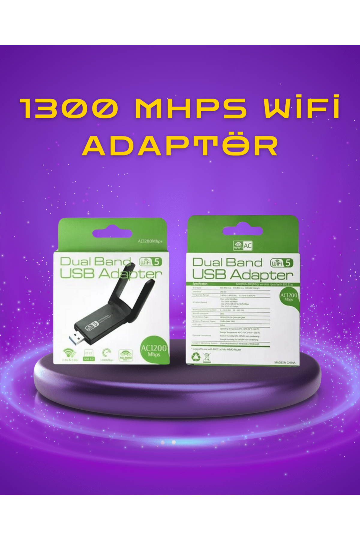 Yüksek Hızlı 1200 Mbps Çift Bant USB WiFi Adaptör – Güçlü Sinyal, Geniş Uyumluluk