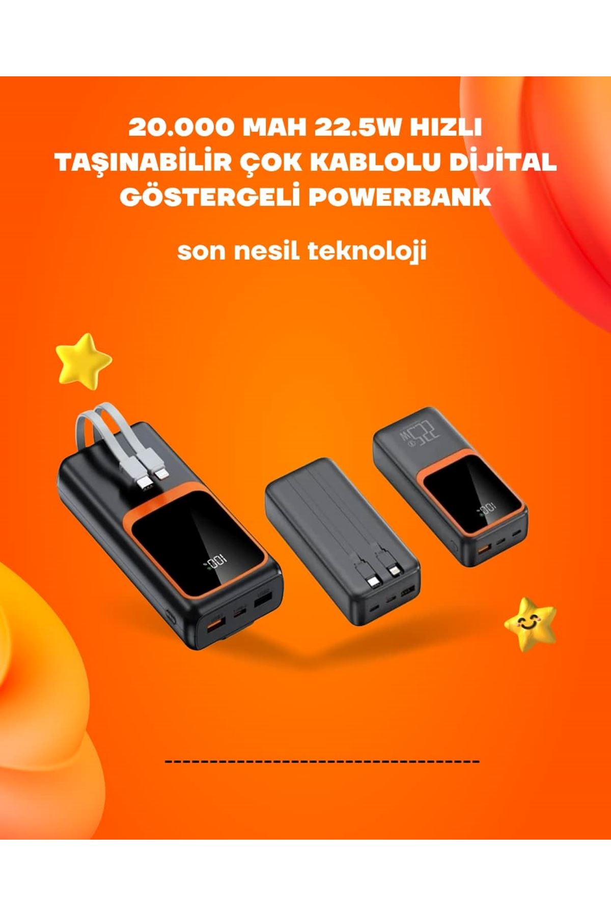 Powerbank 20000 mAh | 22.5W Hızlı Şarj, Dahili Kablolu, LCD Ekranlı Şarj Cihazı