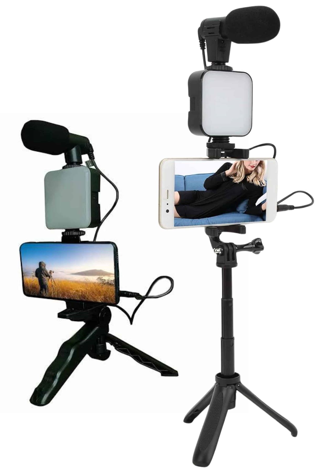 Telefon Tutucu Led Işıklı Kumandalı Mikrofon Telefon Vlog Video Kayıt
