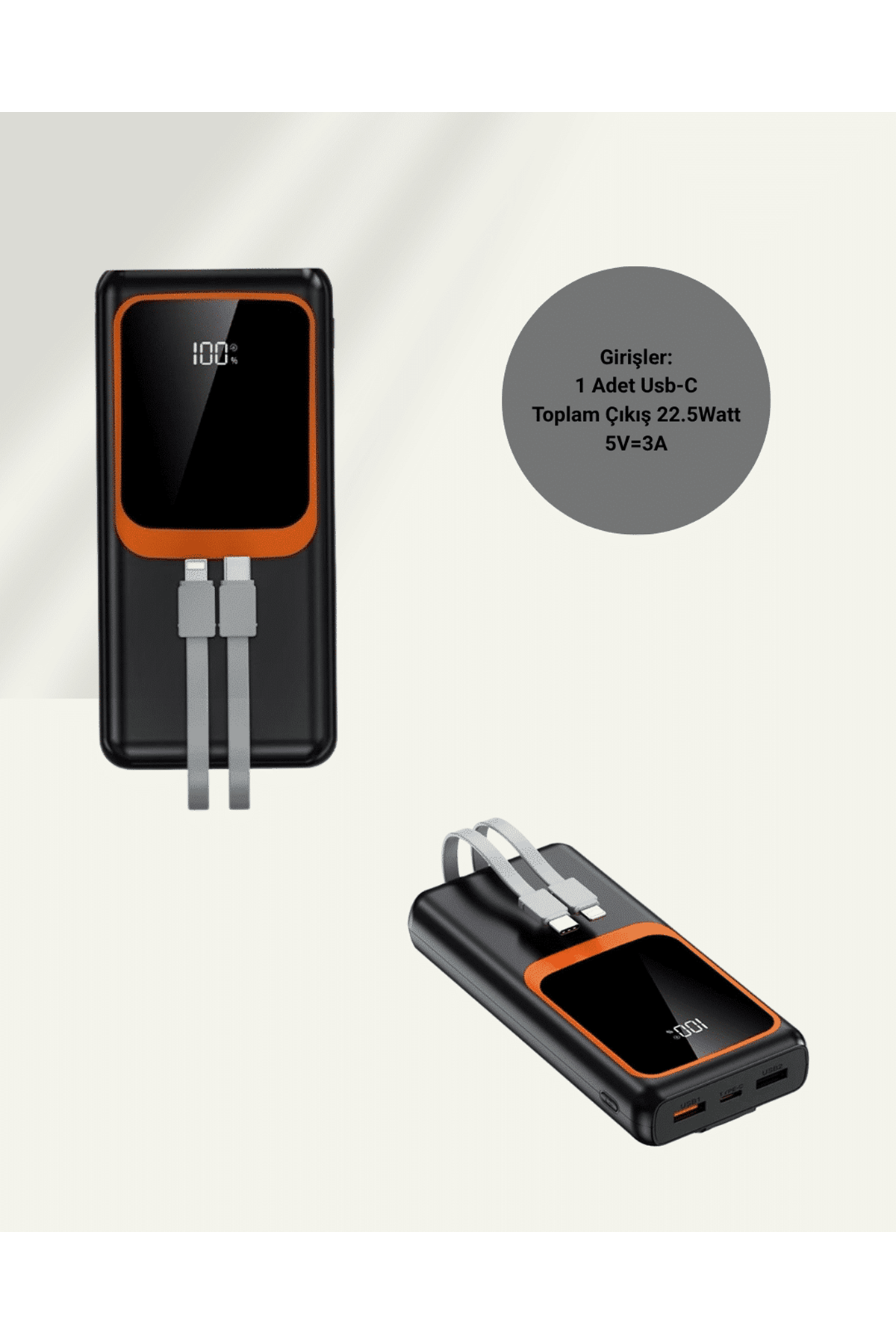 Powerbank 20000 mAh | 22.5W Hızlı Şarj, Dahili Kablolu, LCD Ekranlı Şarj Cihazı