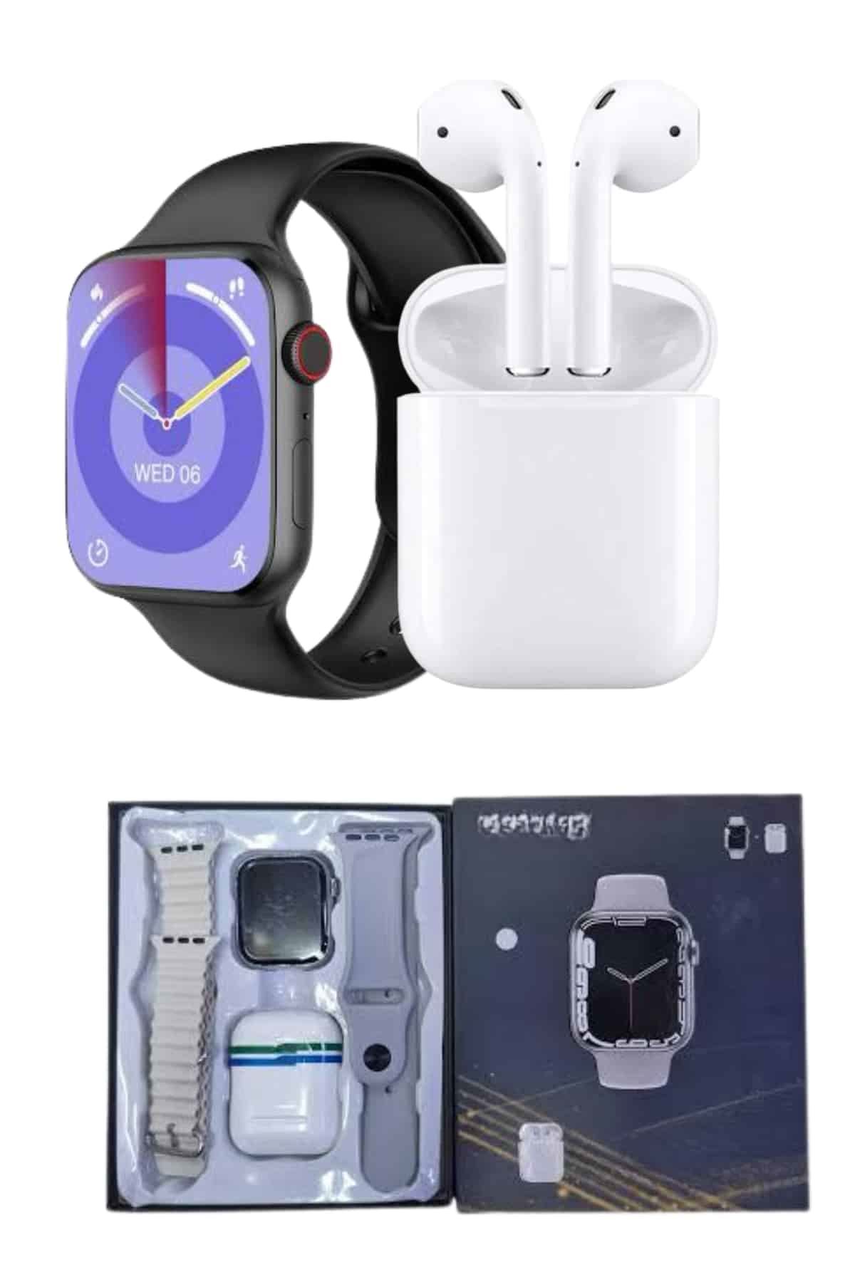 Akıllı Saat Gümüş Kasa Bluetooth Kulaklık Hediyeli Çok Fonksiyonlu İkili Set