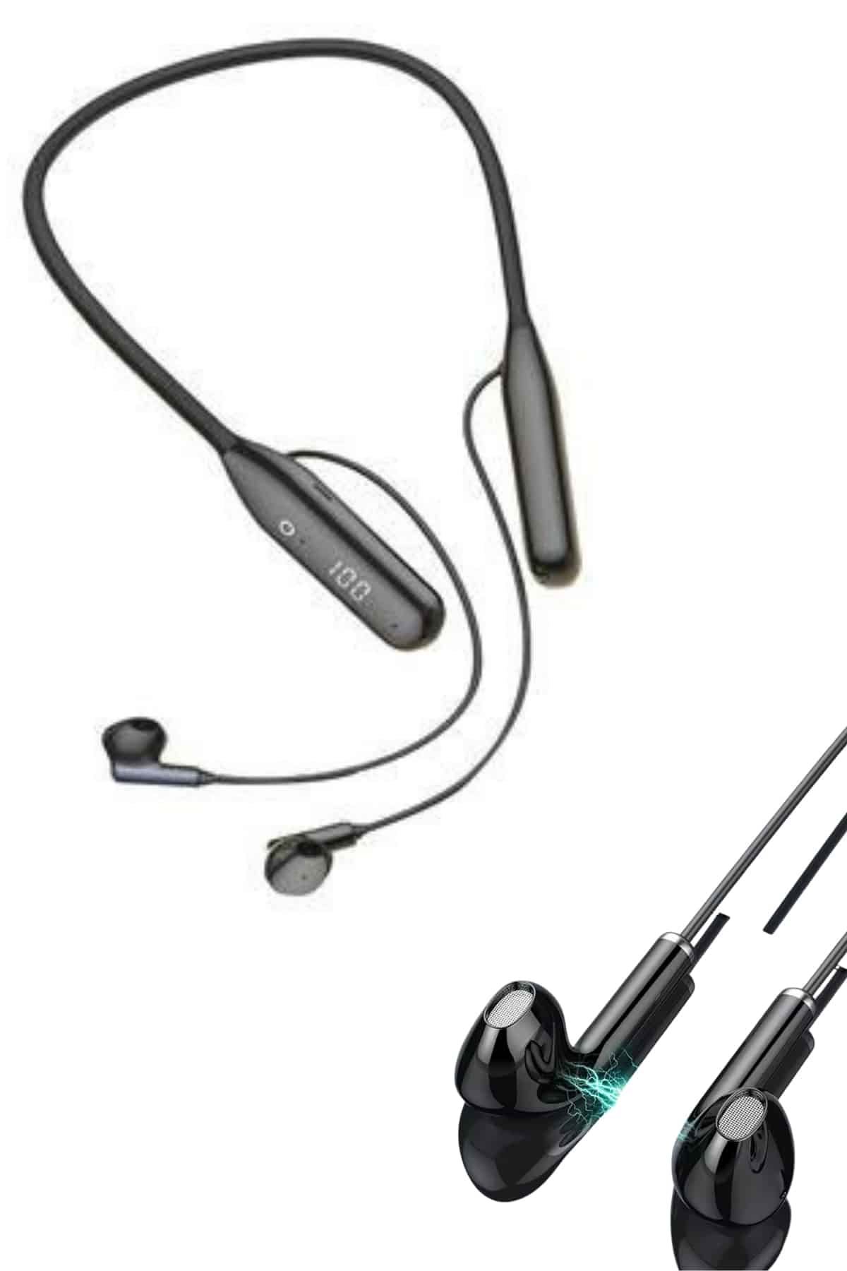 100 Saat Kablolu Boyun Askılı Dijital Göstergeli Bluetooth Kulaklığı