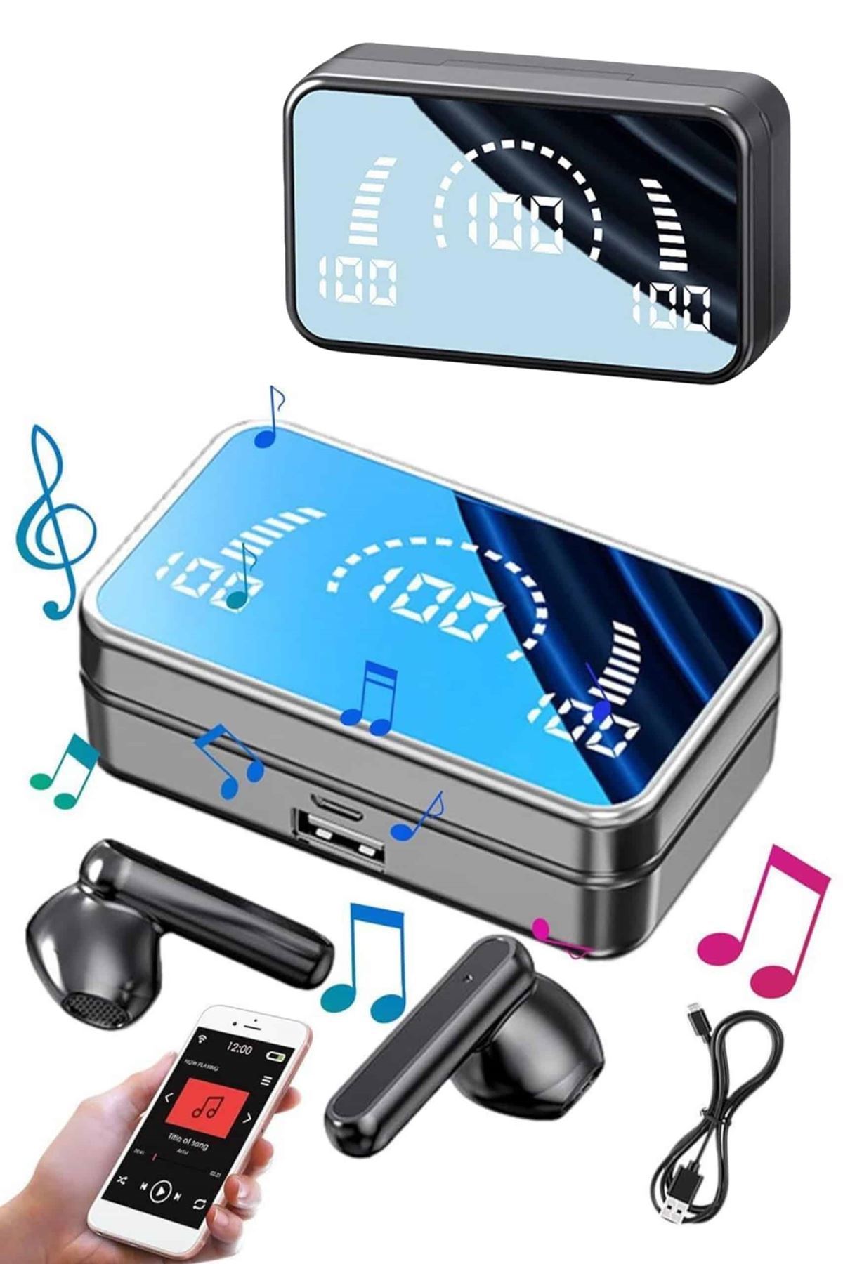 Yeni Nesil Kablosuz Kulaklık Aynalı Powerbank Özellikli Bluetooth Bağlantılı Dijital Göstergeli