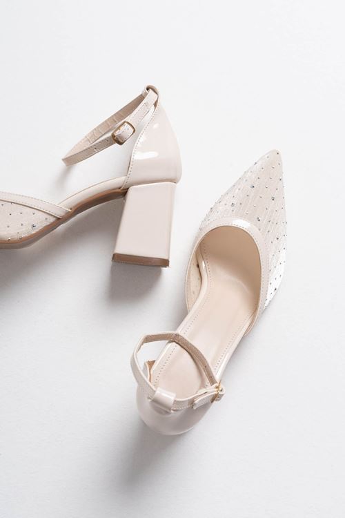 Borie Bej Tekstil Kumaş Taşlı Kadın Topuklu Ayakkabı