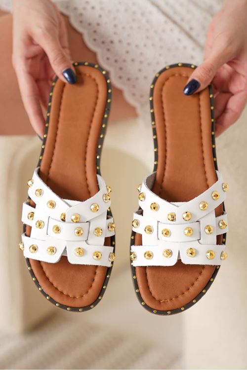 Loose Beyaz Hakiki Deri Terlik