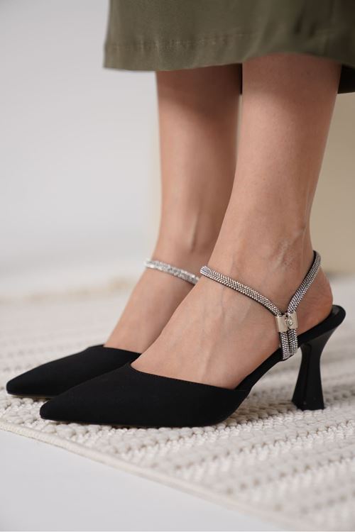 Georgina Kadın Taşlı Siyah Saten Topuklu Ayakkabı