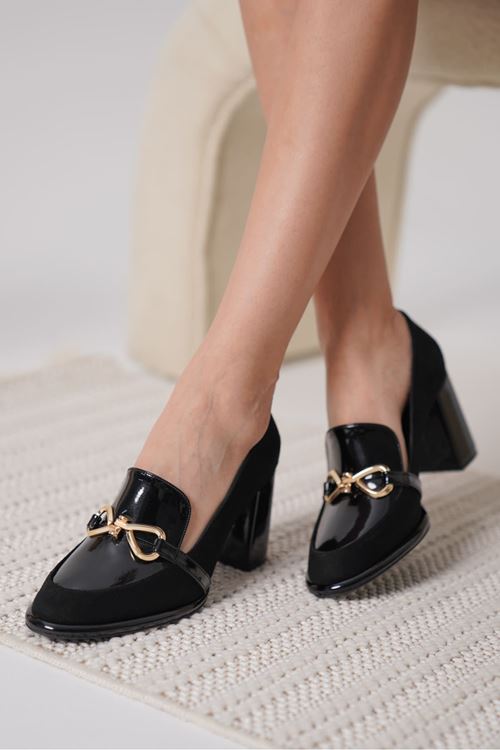 Melly Siyah Rugan Süet Detaylı Kadın Topuklu Ayakkabı