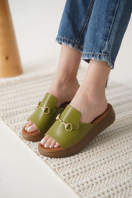 Nelly Haki Yeşili Hakiki Deri Terlik