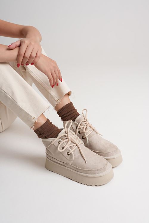 Elena Kadın Bej Kışlık İçi Kürklü Kalın Taban Bot