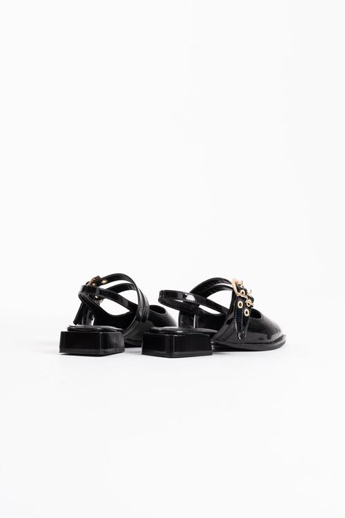 Blues Siyah Rugan Kemer Detaylı Kadın Topuklu Ayakkabı