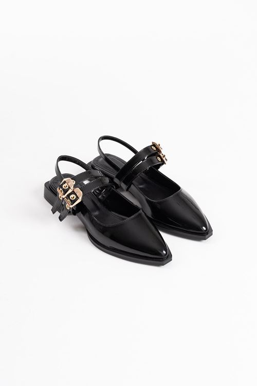 Blues Siyah Rugan Kemer Detaylı Kadın Topuklu Ayakkabı