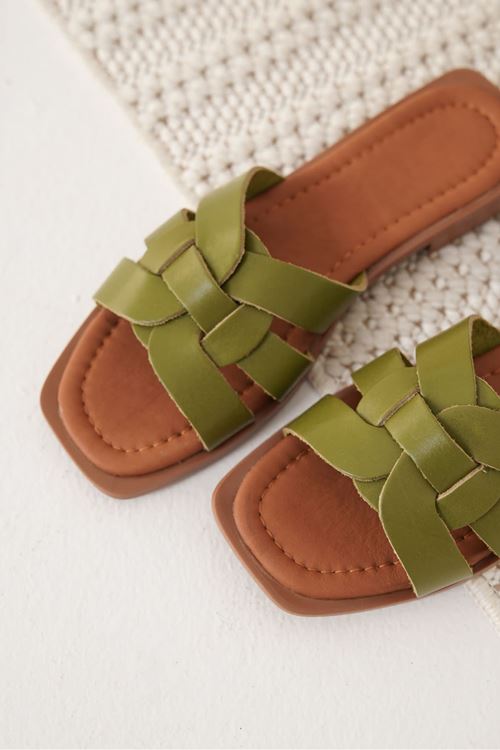 Marlen Haki Yeşili Hakiki Deri Terlik