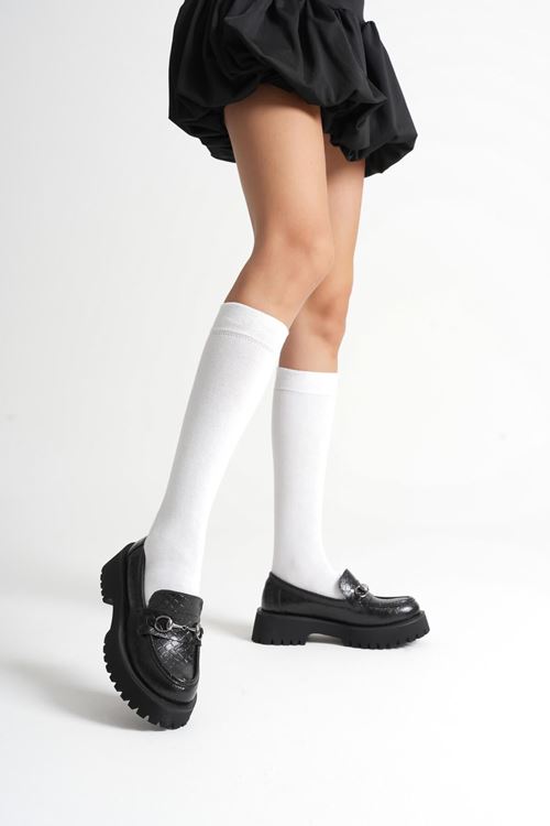 Lara Toka Detaylı Siyah Kroko Baskılı Günlük Loafer Ayakkabı