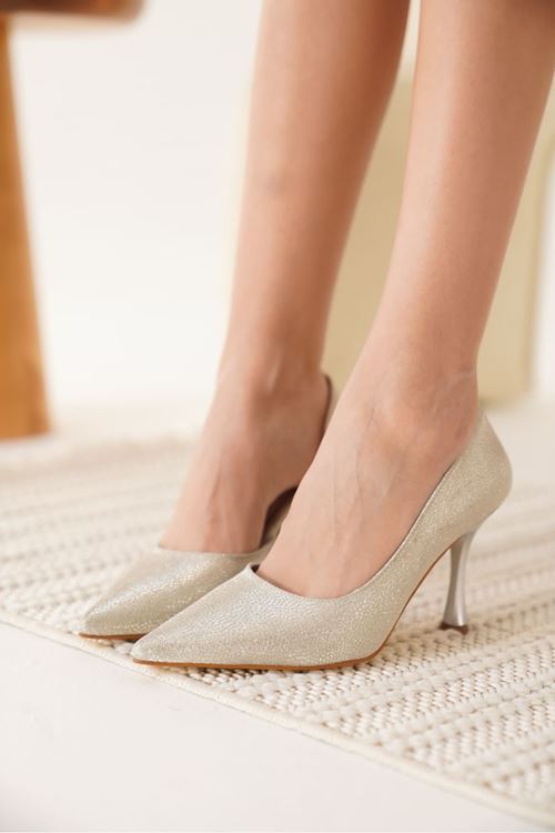 Angela Kadın Gümüş Özel Malzeme Topuklu Ayakkabı