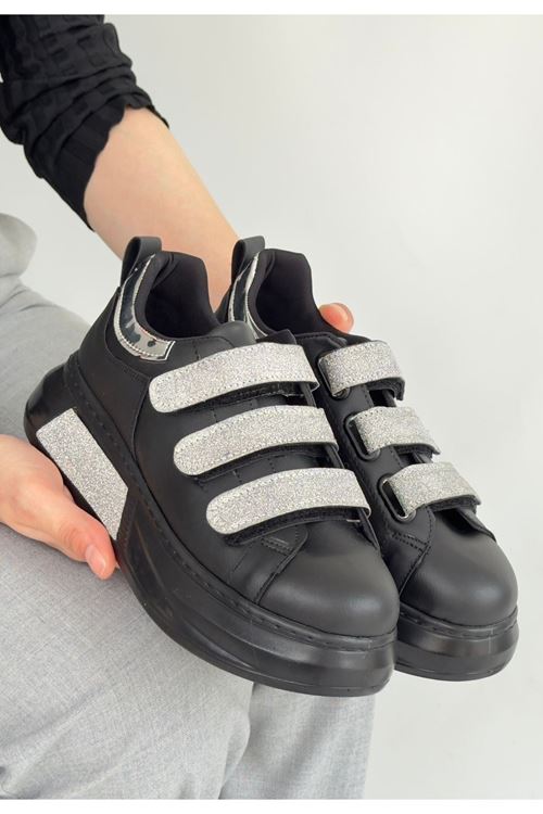 Elika Siyah Cilt Simli Cırt Cırtlı Spor Ayakkabı