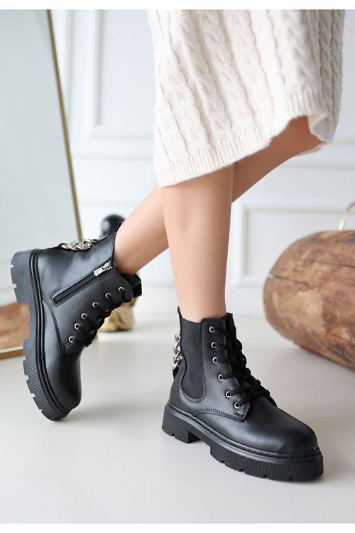 Harte Siyah Cilt Bağcıklı Bot