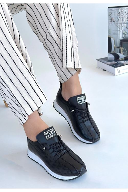 Fiert Siyah Cilt Bağcıklı Spor Ayakkabı