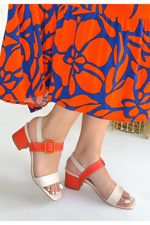 Year Bej Cilt Turuncu Detaylı Turuncu Topuklu Topuklu Ayakkabı