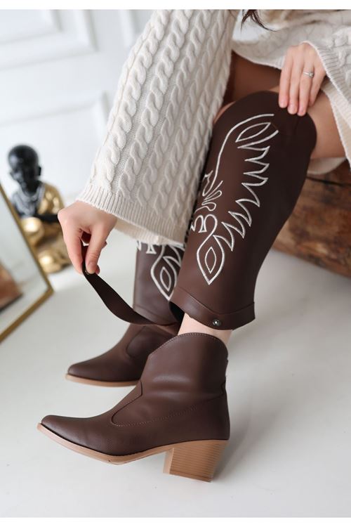 Jilla Kahverengi Cilt Tak Çıkar Topuklu Bot Ve Çizme