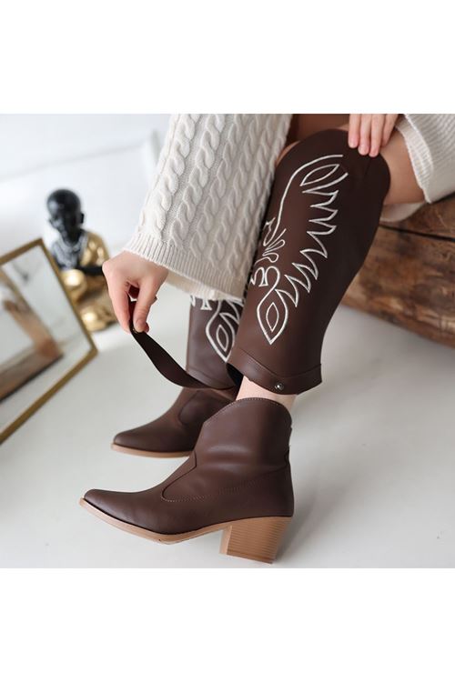 Jilla Kahverengi Cilt Tak Çıkar Topuklu Bot Ve Çizme