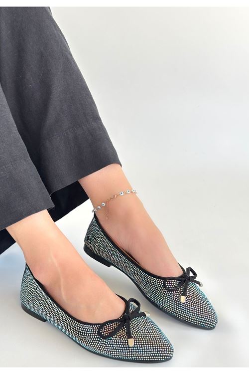 Sarra Siyah Saten İşlemeli Babet Ayakkabı