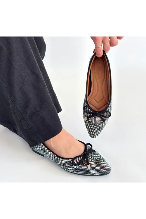 Sarra Siyah Saten İşlemeli Babet Ayakkabı