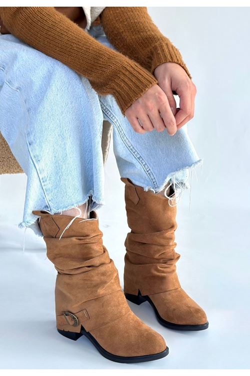 Canty Taba Süet Körüklü Topuklu Çizme