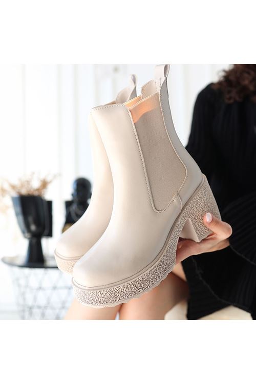 Paigo Bej Cilt Topuklu Bot