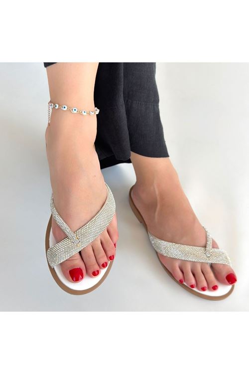 Eday Gümüş Boncuk İşlemeli Terlik