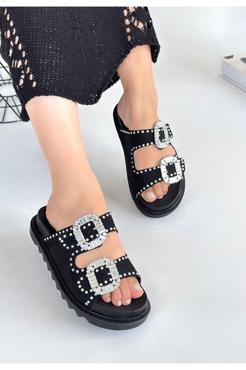 Juana Siyah Nubuk  Taşlı Terlik