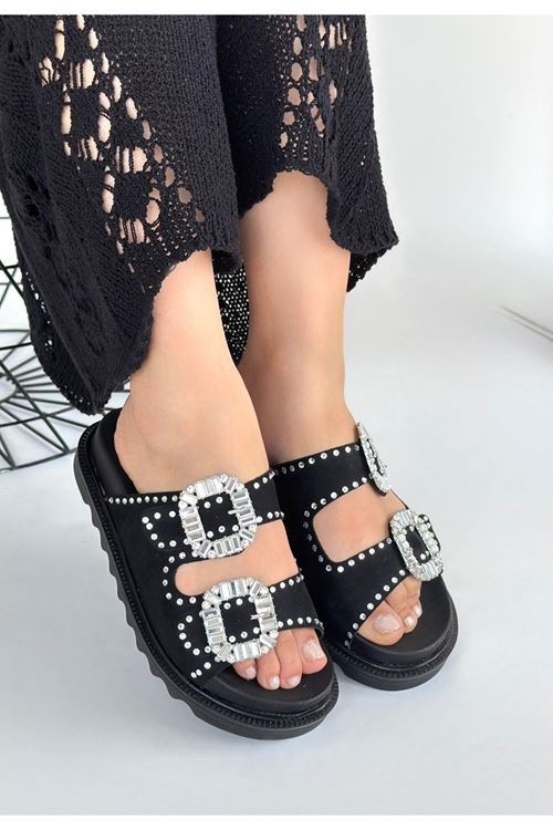 Juana Siyah Nubuk  Taşlı Terlik