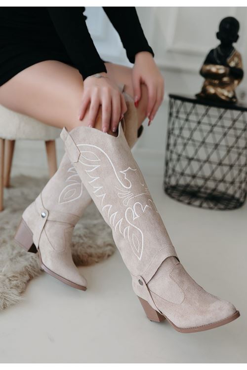 Jilla Bej Süet Tak Çıkar Topuklu Bot Ve Çizme