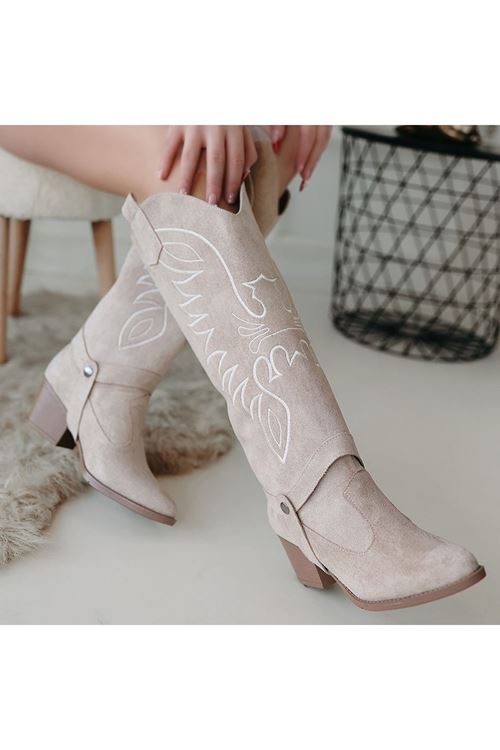 Jilla Bej Süet Tak Çıkar Topuklu Bot Ve Çizme