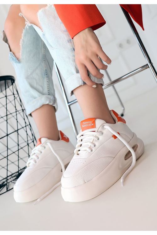 Chris Beyaz Cilt Turuncu Detaylı Bağcıklı Spor Ayakkabı