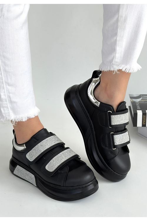 Nino Siyah Cilt Simli Cırt Cırtlı Spor Ayakkabı