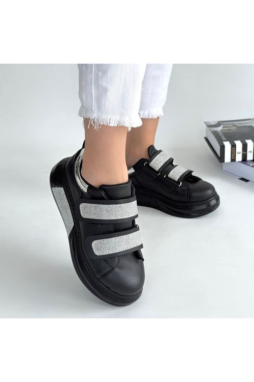 Nino Siyah Cilt Simli Cırt Cırtlı Spor Ayakkabı