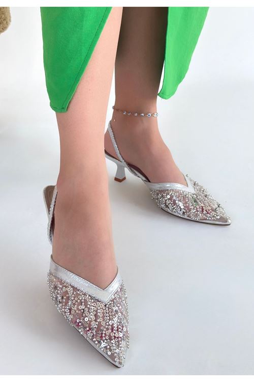 Toyi Gümüş Saten Topuklu Ayakkabı