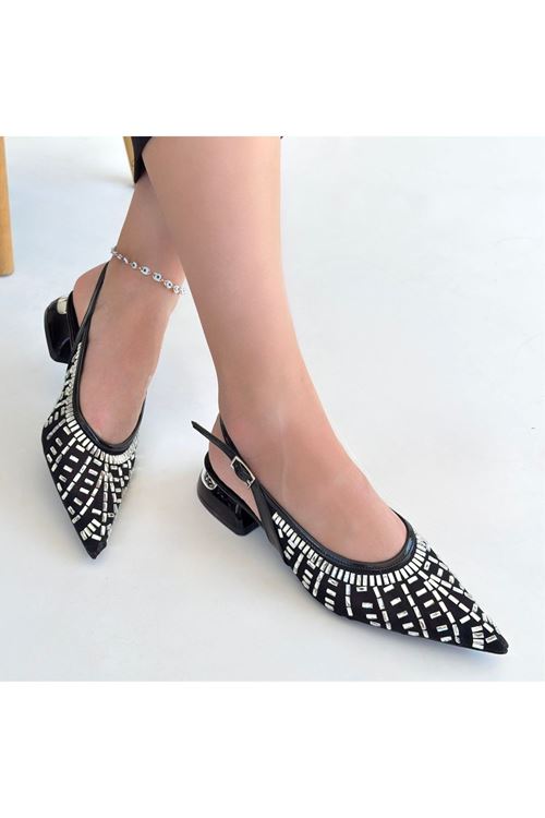 Piyar Siyah Taşlı Topuklu Ayakkabı