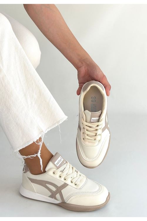 Zlay Bej Cilt Vizon Detaylı Bağcıklı Spor Ayakkabı