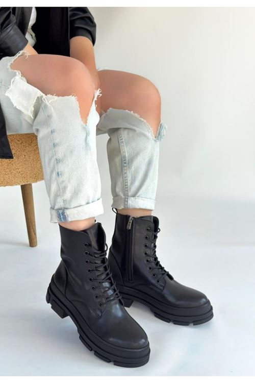 Allex Siyah Cilt Bağcıklı Bot