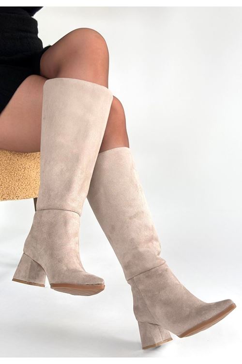 Roksa Bej Süet Topuklu Çizme