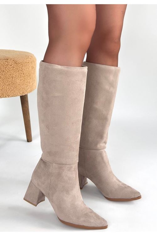 Roksa Bej Süet Topuklu Çizme