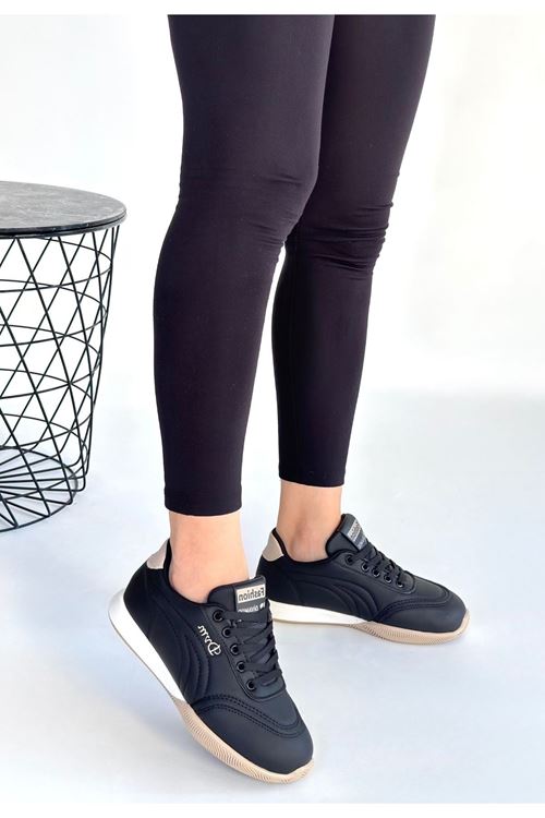 Tawen Siyah Cilt Bej Tabanlı Bağcıklı Spor Ayakkabı