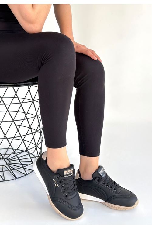 Tawen Siyah Cilt Bej Tabanlı Bağcıklı Spor Ayakkabı