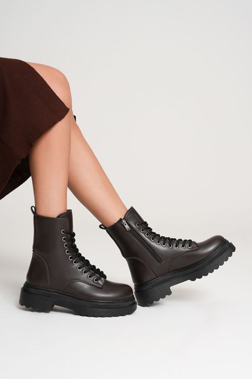 Karma Özel Tasarım Kışlık Acı Kahve Kalın Tabanlı Kadın Bot