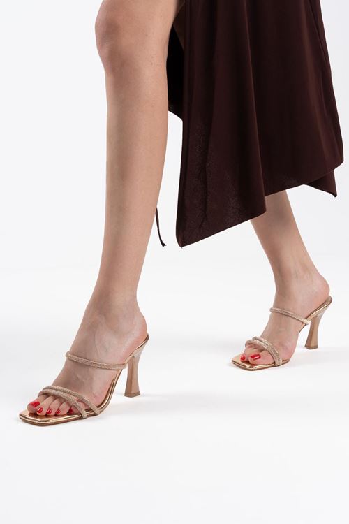 Bronz Ayna Taşlı Kadın Topuklu Terlik SHTR20MY01F