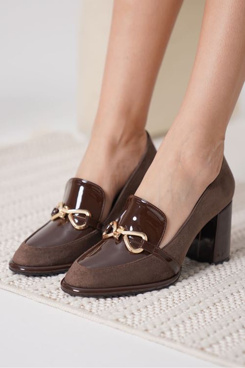 Melly Acı Kahve Rugan Süet Detaylı Kadın Topuklu Ayakkabı