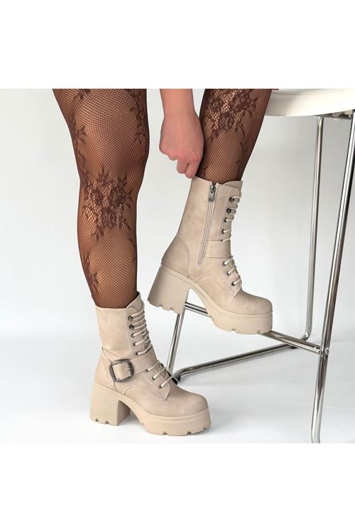 Linma Bej Nubuk Bağcıklı Topuklu Bot