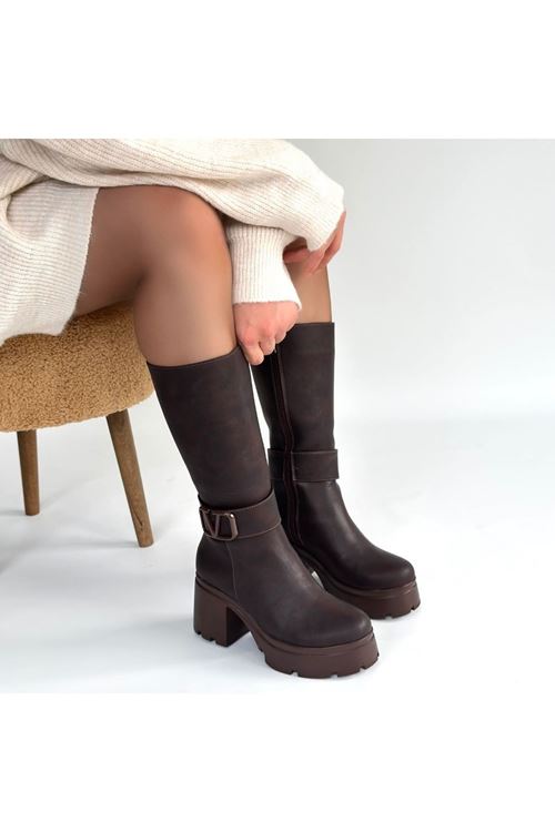 Moki Kahverengi Nubuk Topuklu Çizme